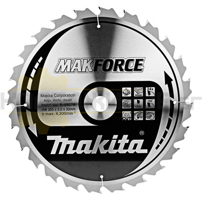 Циркулярен диск за рязане на дърво MAKITA Makforce B-08274, 355x30x3 мм, 24 z - 